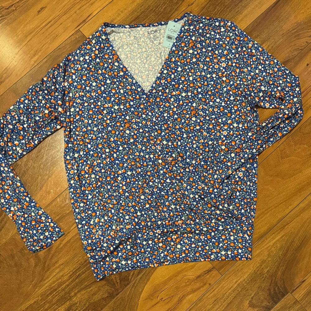 LOFT Blue Floral V-Neck Top